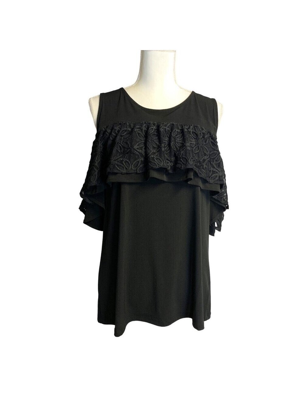 Thalia Sodi Womens Black Cold Shoulder Lace Ruffle Top Keyhole Back Large
